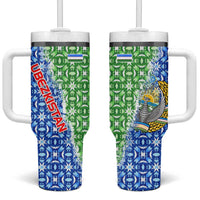 Uzbekistan Tumbler With Handle with Ikat Pattern and National Coat of Arms Design - Wonder Print Shop