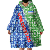 Uzbekistan Wearable Blanket Hoodie with Ikat Pattern and National Coat of Arms Design - Wonder Print Shop
