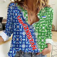 Uzbekistan Women Casual Shirt with Ikat Pattern and National Coat of Arms Design - Wonder Print Shop