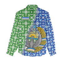 Uzbekistan Women Casual Shirt with Ikat Pattern and National Coat of Arms Design - Wonder Print Shop