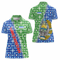 Uzbekistan Women Polo Shirt with Ikat Pattern and National Coat of Arms Design - Wonder Print Shop