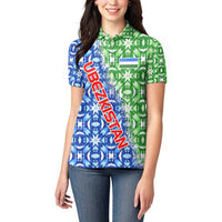 Uzbekistan Women Polo Shirt with Ikat Pattern and National Coat of Arms Design - Wonder Print Shop