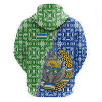 Uzbekistan Zip Hoodie with Ikat Pattern and National Coat of Arms Design - Wonder Print Shop