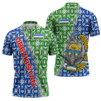 Uzbekistan Zipper Polo Shirt with Ikat Pattern and National Coat of Arms Design - Wonder Print Shop