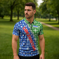Uzbekistan Zipper Polo Shirt with Ikat Pattern and National Coat of Arms Design - Wonder Print Shop