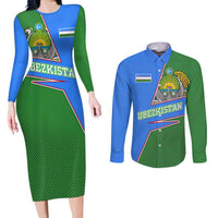Uzbekistan Couples Matching Long Sleeve Bodycon Dress and Long Sleeve Button Shirt with National Coat of Arms and Modern Gradient Design - Wonder Print Shop