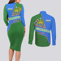 Uzbekistan Couples Matching Long Sleeve Bodycon Dress and Long Sleeve Button Shirt with National Coat of Arms and Modern Gradient Design - Wonder Print Shop