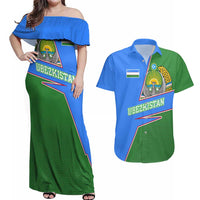 Uzbekistan Couples Matching Off Shoulder Maxi Dress and Hawaiian Shirt with National Coat of Arms and Modern Gradient Design - Wonder Print Shop