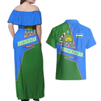 Uzbekistan Couples Matching Off Shoulder Maxi Dress and Hawaiian Shirt with National Coat of Arms and Modern Gradient Design - Wonder Print Shop