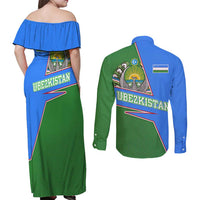 Uzbekistan Couples Matching Off Shoulder Maxi Dress and Long Sleeve Button Shirt with National Coat of Arms and Modern Gradient Design - Wonder Print Shop