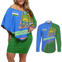 Uzbekistan Couples Matching Off Shoulder Short Dress and Long Sleeve Button Shirt with National Coat of Arms and Modern Gradient Design - Wonder Print Shop