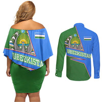 Uzbekistan Couples Matching Off Shoulder Short Dress and Long Sleeve Button Shirt with National Coat of Arms and Modern Gradient Design - Wonder Print Shop