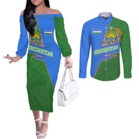 Uzbekistan Couples Matching Off The Shoulder Long Sleeve Dress and Long Sleeve Button Shirt with National Coat of Arms and Modern Gradient Design - Wonder Print Shop
