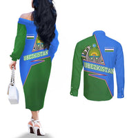Uzbekistan Couples Matching Off The Shoulder Long Sleeve Dress and Long Sleeve Button Shirt with National Coat of Arms and Modern Gradient Design - Wonder Print Shop