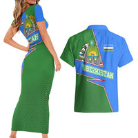 Uzbekistan Couples Matching Short Sleeve Bodycon Dress and Hawaiian Shirt with National Coat of Arms and Modern Gradient Design - Wonder Print Shop