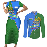 Uzbekistan Couples Matching Short Sleeve Bodycon Dress and Long Sleeve Button Shirt with National Coat of Arms and Modern Gradient Design - Wonder Print Shop