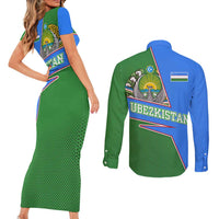 Uzbekistan Couples Matching Short Sleeve Bodycon Dress and Long Sleeve Button Shirt with National Coat of Arms and Modern Gradient Design - Wonder Print Shop
