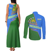 Uzbekistan Couples Matching Tank Maxi Dress and Long Sleeve Button Shirt with National Coat of Arms and Modern Gradient Design - Wonder Print Shop