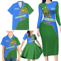 Uzbekistan Family Matching Long Sleeve Bodycon Dress and Hawaiian Shirt with National Coat of Arms and Modern Gradient Design - Wonder Print Shop