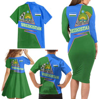 Uzbekistan Family Matching Long Sleeve Bodycon Dress and Hawaiian Shirt with National Coat of Arms and Modern Gradient Design - Wonder Print Shop