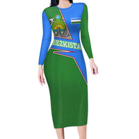 Uzbekistan Family Matching Long Sleeve Bodycon Dress and Hawaiian Shirt with National Coat of Arms and Modern Gradient Design - Wonder Print Shop