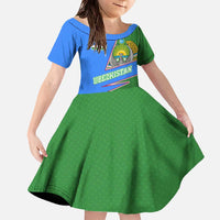 Uzbekistan Family Matching Off The Shoulder Long Sleeve Dress and Hawaiian Shirt with National Coat of Arms and Modern Gradient Design - Wonder Print Shop