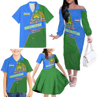 Uzbekistan Family Matching Off The Shoulder Long Sleeve Dress and Hawaiian Shirt with National Coat of Arms and Modern Gradient Design - Wonder Print Shop
