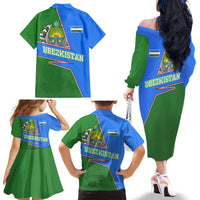 Uzbekistan Family Matching Off The Shoulder Long Sleeve Dress and Hawaiian Shirt with National Coat of Arms and Modern Gradient Design - Wonder Print Shop