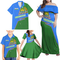 Uzbekistan Family Matching Off Shoulder Maxi Dress and Hawaiian Shirt with National Coat of Arms and Modern Gradient Design - Wonder Print Shop