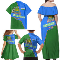 Uzbekistan Family Matching Off Shoulder Maxi Dress and Hawaiian Shirt with National Coat of Arms and Modern Gradient Design - Wonder Print Shop