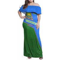 Uzbekistan Family Matching Off Shoulder Maxi Dress and Hawaiian Shirt with National Coat of Arms and Modern Gradient Design - Wonder Print Shop