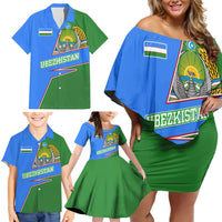 Uzbekistan Family Matching Off Shoulder Short Dress and Hawaiian Shirt with National Coat of Arms and Modern Gradient Design - Wonder Print Shop