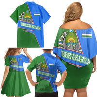 Uzbekistan Family Matching Off Shoulder Short Dress and Hawaiian Shirt with National Coat of Arms and Modern Gradient Design - Wonder Print Shop