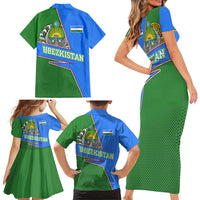 Uzbekistan Family Matching Short Sleeve Bodycon Dress and Hawaiian Shirt with National Coat of Arms and Modern Gradient Design - Wonder Print Shop