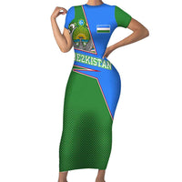 Uzbekistan Family Matching Short Sleeve Bodycon Dress and Hawaiian Shirt with National Coat of Arms and Modern Gradient Design - Wonder Print Shop