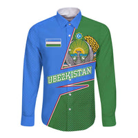 Uzbekistan Long Sleeve Button Shirt with National Coat of Arms and Modern Gradient Design - Wonder Print Shop