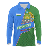 Uzbekistan Long Sleeve Polo Shirt with National Coat of Arms and Modern Gradient Design - Wonder Print Shop