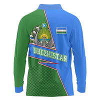Uzbekistan Long Sleeve Polo Shirt with National Coat of Arms and Modern Gradient Design - Wonder Print Shop