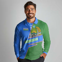 Uzbekistan Long Sleeve Polo Shirt with National Coat of Arms and Modern Gradient Design - Wonder Print Shop