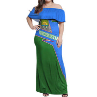 Uzbekistan Off Shoulder Maxi Dress with National Coat of Arms and Modern Gradient Design - Wonder Print Shop