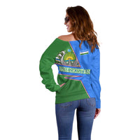 Uzbekistan Off Shoulder Sweater with National Coat of Arms and Modern Gradient Design - Wonder Print Shop