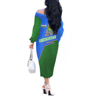 Uzbekistan Off The Shoulder Long Sleeve Dress with National Coat of Arms and Modern Gradient Design - Wonder Print Shop