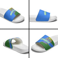 Uzbekistan Slide Sandals with National Coat of Arms and Modern Gradient Design - Wonder Print Shop