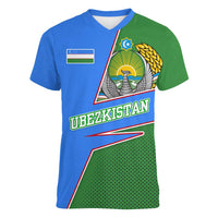 Uzbekistan Women V-Neck T-Shirt with National Coat of Arms and Modern Gradient Design - Wonder Print Shop