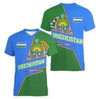 Uzbekistan Women V-Neck T-Shirt with National Coat of Arms and Modern Gradient Design - Wonder Print Shop