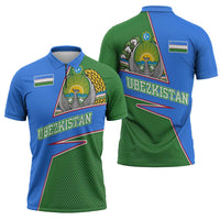Uzbekistan Zipper Polo Shirt with National Coat of Arms and Modern Gradient Design - Wonder Print Shop
