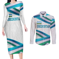 Uzbekistan Couples Matching Long Sleeve Bodycon Dress and Long Sleeve Button Shirt with Ribbon Wave Design - Wonder Print Shop
