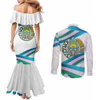 Uzbekistan Couples Matching Mermaid Dress and Long Sleeve Button Shirt with Ribbon Wave Design - Wonder Print Shop