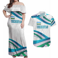 Uzbekistan Couples Matching Off Shoulder Maxi Dress and Hawaiian Shirt with Ribbon Wave Design - Wonder Print Shop