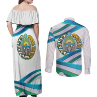 Uzbekistan Couples Matching Off Shoulder Maxi Dress and Long Sleeve Button Shirt with Ribbon Wave Design - Wonder Print Shop